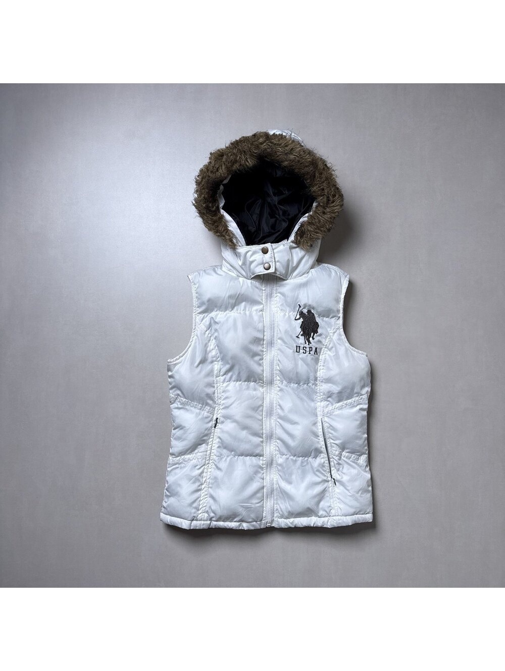 Y2K U.S. Polo Assn 00s White Puffer Vest Fur Hood